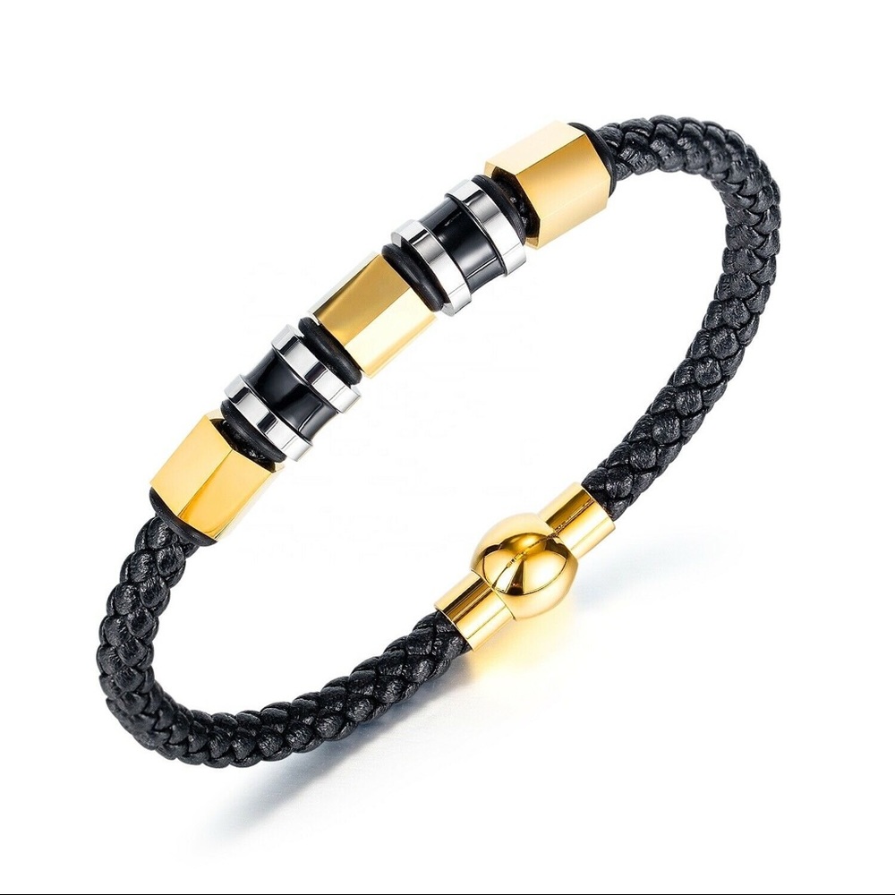 Black braided leather stainless steel bracelet